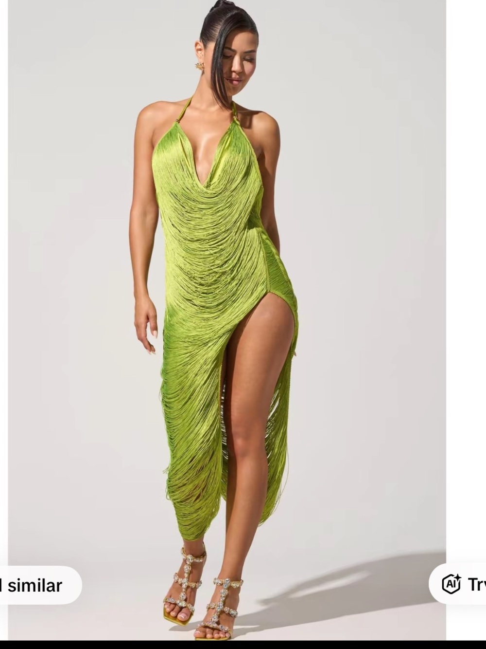 AKIRA Lime Green Halter Fringe High-Slit Mini Dress